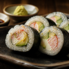 Homemade sushi rolls with imitation crab, avocado, cucumber, and cream cheese