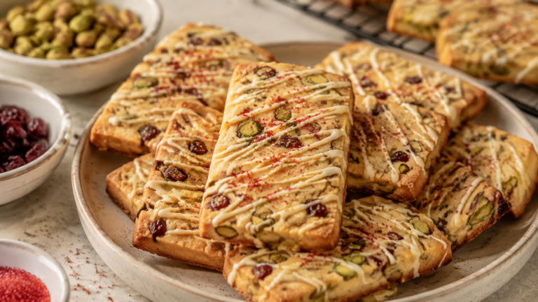 Brown Butter Cranberry Pistachio Shortbread with White Chocolate Drizzle