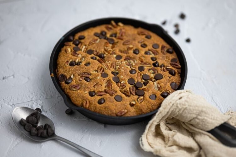 Brown Butter Maple Pecan Skillet Cookie with Bourbon Caramel