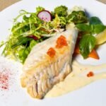Charred Barramundi with Lemon Myrtle Butter, Warrigal Greens and Macadamia Crumb