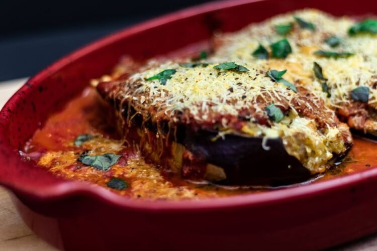 Egyptian Fried Eggplant Bake with Garlic-Tomato Sauce