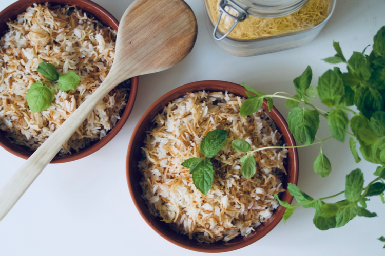 Egyptian Koshari with Crispy Onions and Spicy Tomato Sauce