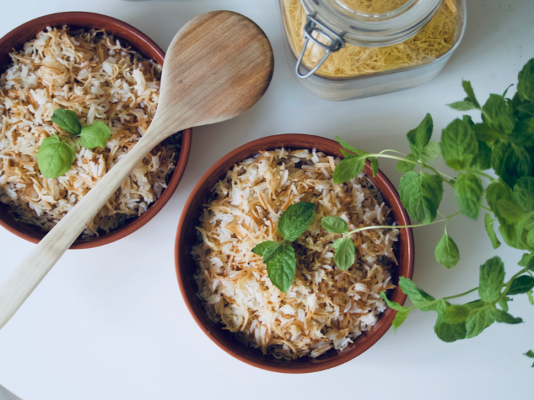 Egyptian Koshari with Crispy Onions and Spicy Tomato Sauce