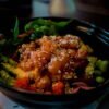 Gochujang-Glazed Salmon with Sesame Rice and Kimchi Cucumber Salad