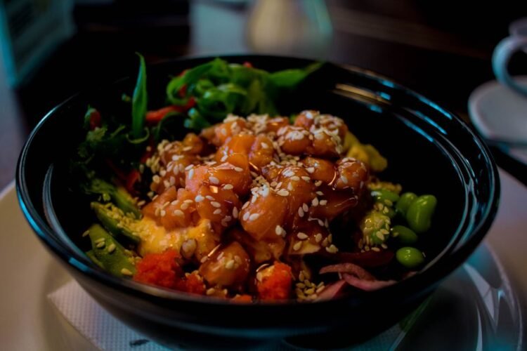 Gochujang-Glazed Salmon with Sesame Rice and Kimchi Cucumber Salad