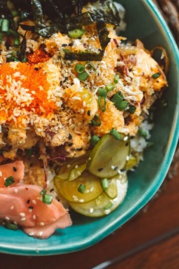 Gochujang-Glazed Salmon with Sesame-Scallion Jasmine Rice and Quick-Pickled Cucumber Ribbons