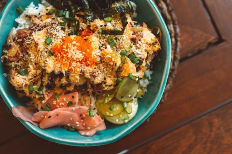 Gochujang-Glazed Salmon with Sesame-Scallion Jasmine Rice and Quick-Pickled Cucumber Ribbons