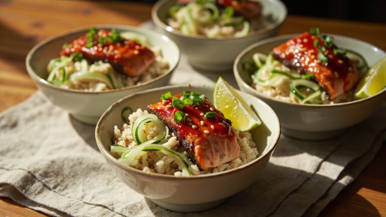 Gochujang-Glazed Salmon with Sesame-Scallion Jasmine Rice and Quick-Pickled Cucumber Ribbons