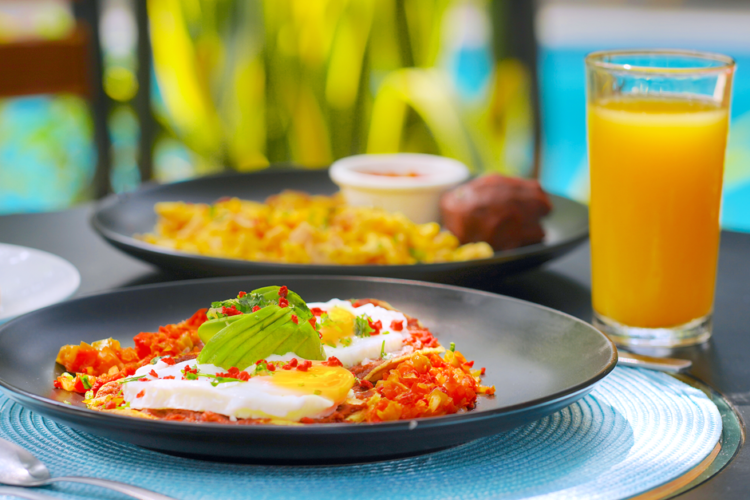 Huevos Rancheros with Charred Tomato Sauce and Refried Beans