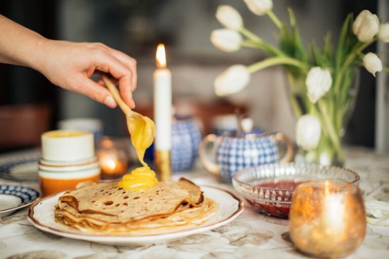Lebanese Sweet Cheese-Filled Pancakes with Orange Blossom Syrup