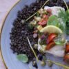 Lemon-Herb Baked Cod with Cherry Tomato-Olive Relish over Saffron Orzo