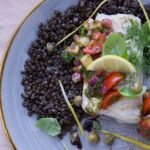 Lemon-Herb Baked Cod with Cherry Tomato-Olive Relish over Saffron Orzo