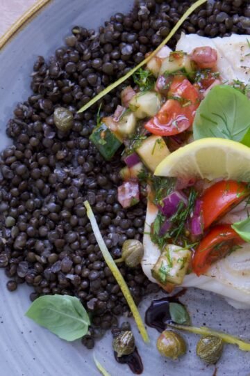 Lemon-Herb Baked Cod with Cherry Tomato-Olive Relish over Saffron Orzo