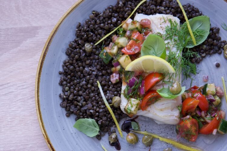 Lemon-Herb Baked Cod with Cherry Tomato-Olive Relish over Saffron Orzo