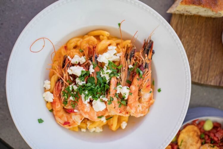 Mediterranean Shrimp and Pearl Couscous Bowl with Whipped Feta and Charred Lemon