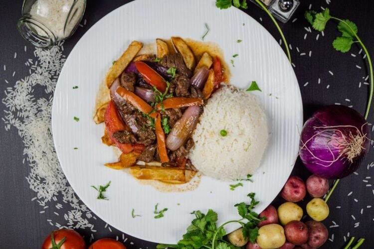 Peruvian Beef Stir-Fry with French Fries and Rice