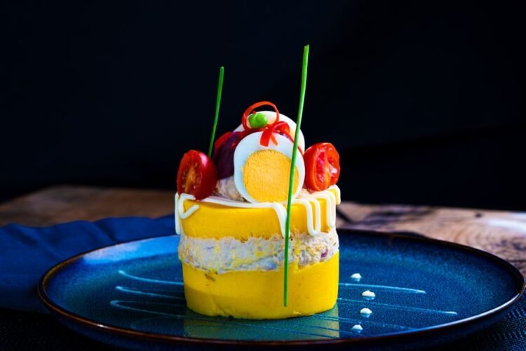 Peruvian Layered Yellow Potato Cake with Chicken and Avocado