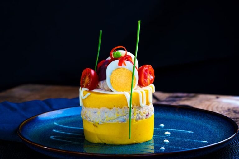 Peruvian Layered Yellow Potato Cake with Chicken and Avocado
