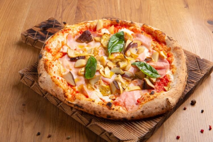 Roman-Style Pizza with Ham, Mushrooms, Artichokes, Olives, and Egg