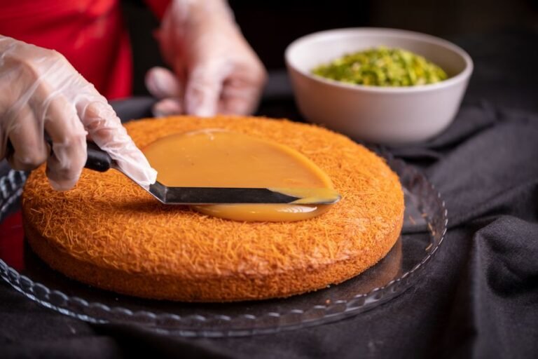Saffron and Rose Semolina Cake with Caramelized Cheese and Pistachio Crumble