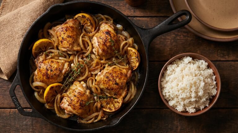 Yassa Poulet — Senegalese Lemon-Chicken Stew with Caramelized Onions and Broken Jasmine Rice
