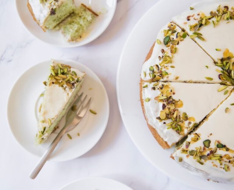 Bahraini Saffron Semolina Cake with Cream and Pistachios
