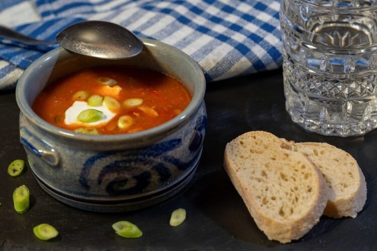 Classic Russian Beet Soup with Garlic Rolls