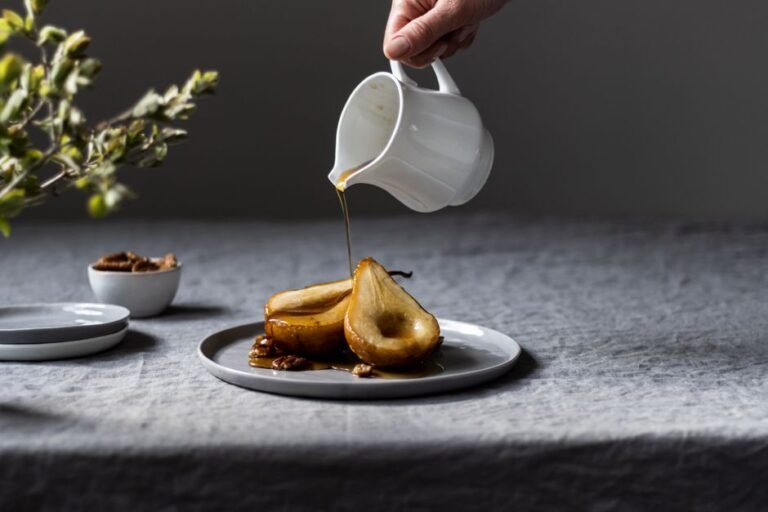Cyprus Wine-Poached Pears with Commandaria, Honey, and Walnuts