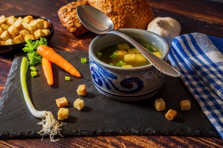 Czech Garlic Soup with Smoked Sausage and Melted Cheese