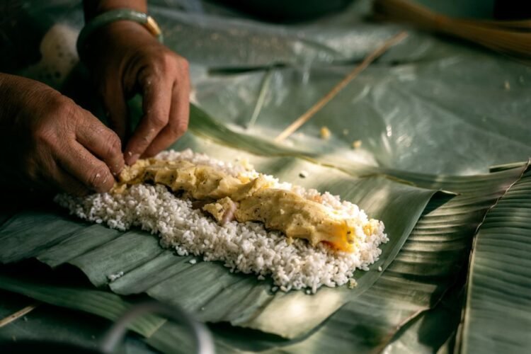 Filipino Coconut Rice Cake Baked in Banana Leaves