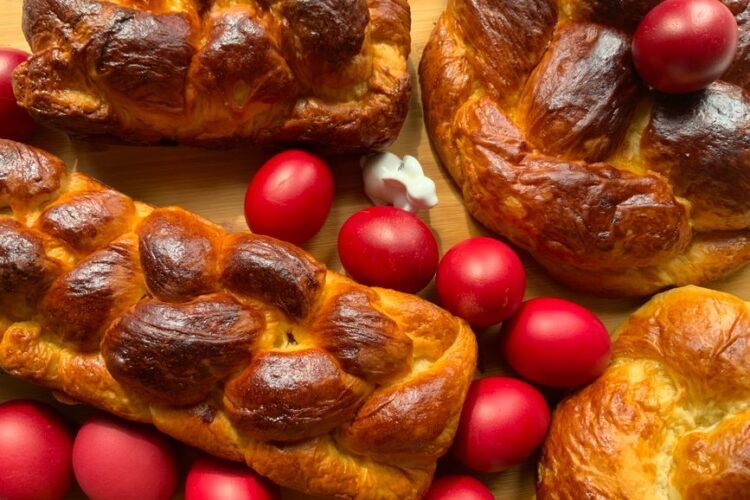 Greek Easter Mastic Braided Bread with Red Eggs