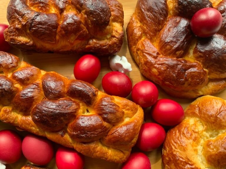Greek Easter Mastic Braided Bread with Red Eggs