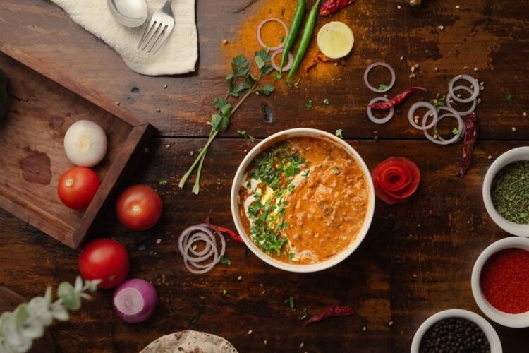 Gujarat-Style Tomato Curry with Crispy Chickpea Noodles
