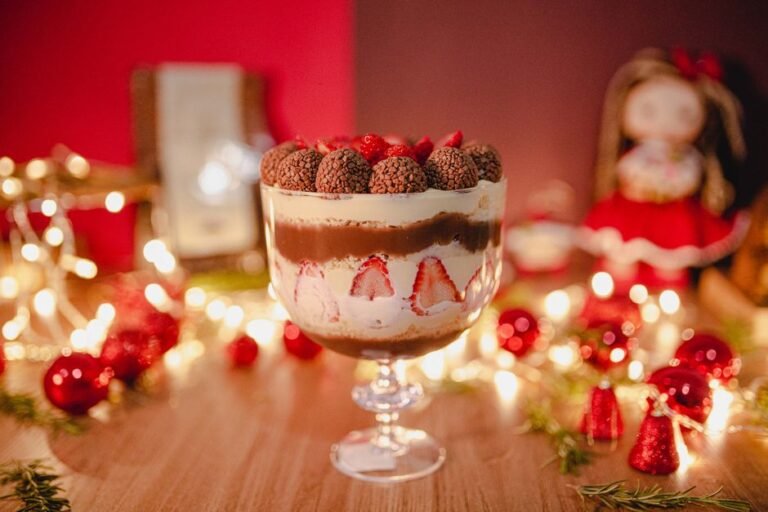 Hungarian Sponge Cake Trifle with Custard and Chocolate Sauce