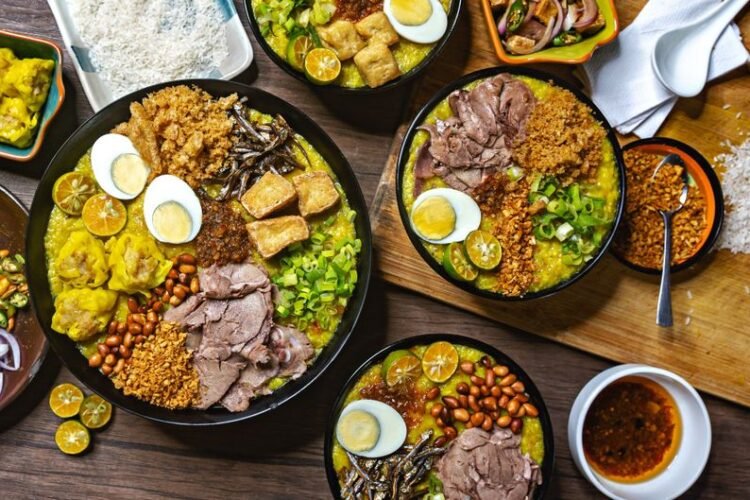 Indonesian Chicken Rice Porridge with Shredded Chicken and Crispy Toppings