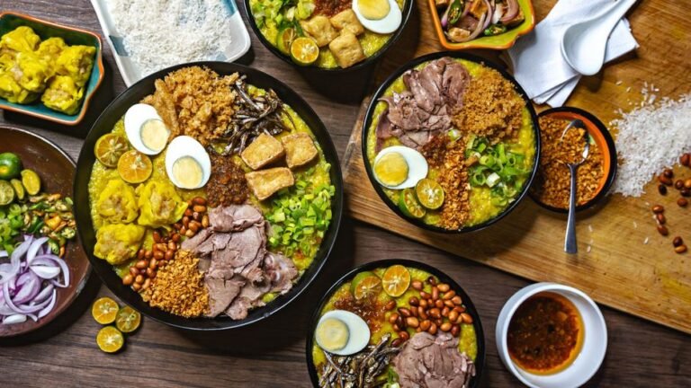 Indonesian Chicken Rice Porridge with Shredded Chicken and Crispy Toppings
