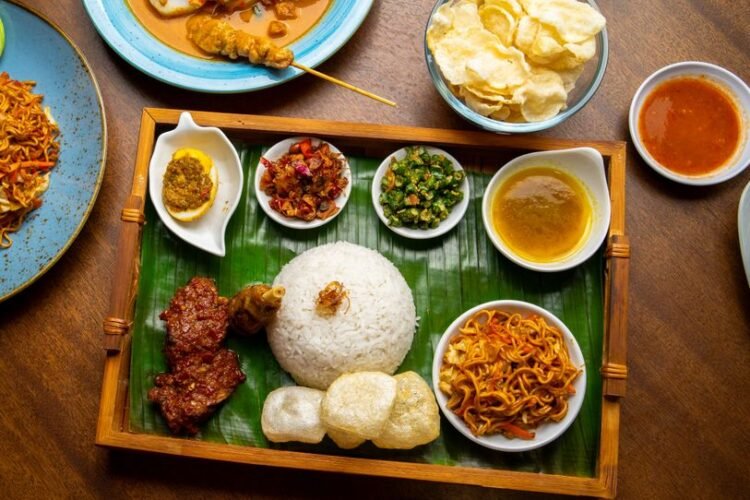 Malaysian Banana Leaf Rice with Chicken Curry and Dhal