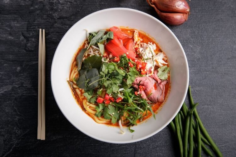 Malaysian Curry Laksa Noodle Soup with Coconut and Prawns