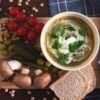 Polish Vegetarian Sour Rye Soup with Egg and Wild Mushrooms