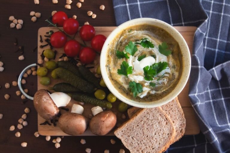 Polish Vegetarian Sour Rye Soup with Egg and Wild Mushrooms