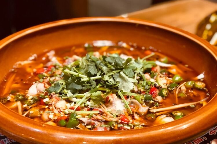 Sichuan-Style Spicy Duck Blood and Beef in Chili Broth