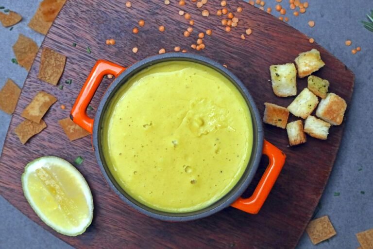 Syrian Red Lentil Soup with Rice and Crispy Pita