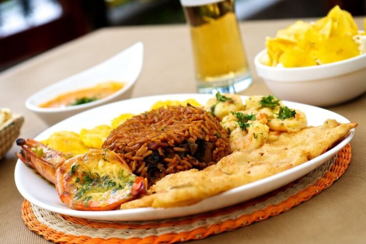 Venezuelan Shredded Beef Platter with Rice, Black Beans, and Sweet Plantains