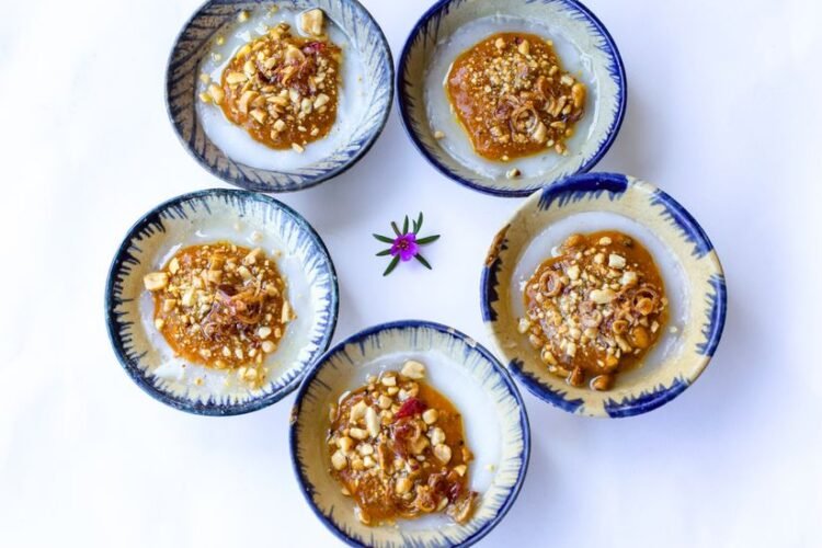 Vietnamese Steamed Rice Discs with Shrimp and Crispy Shallots