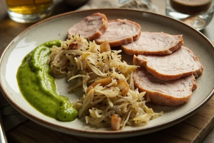Classic German Smoked Pork Loin with Sauerkraut and Pea Puree