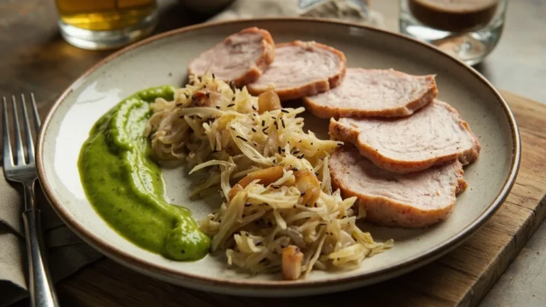 Classic German Smoked Pork Loin with Sauerkraut and Pea Puree