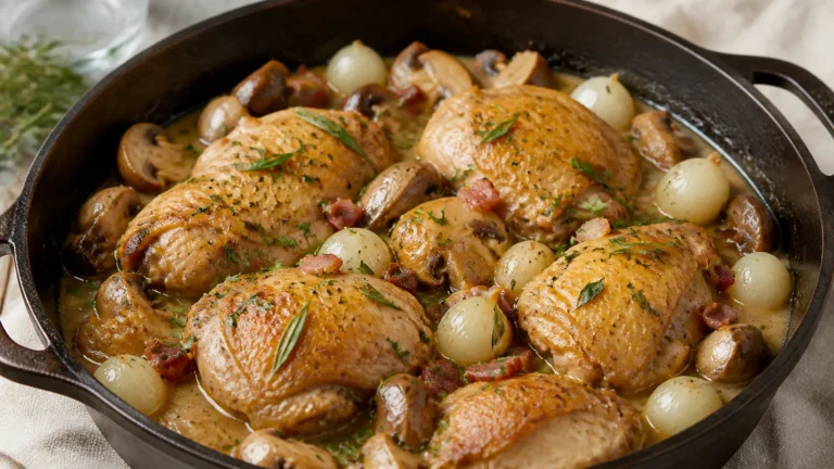 Coq au Vin Blanc with Pearl Onions and Cremini Mushrooms