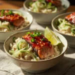 Gochujang-Glazed Salmon with Sesame-Scallion Jasmine Rice and Quick-Pickled Cucumber Ribbons