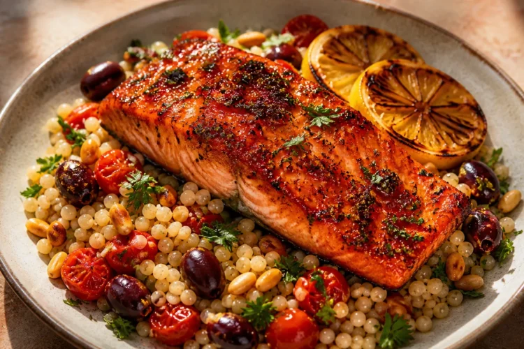 Harissa-Honey Glazed Salmon with Pearl Couscous and Charred Lemon