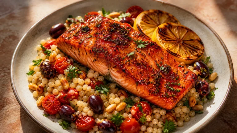 Harissa-Honey Glazed Salmon with Pearl Couscous and Charred Lemon